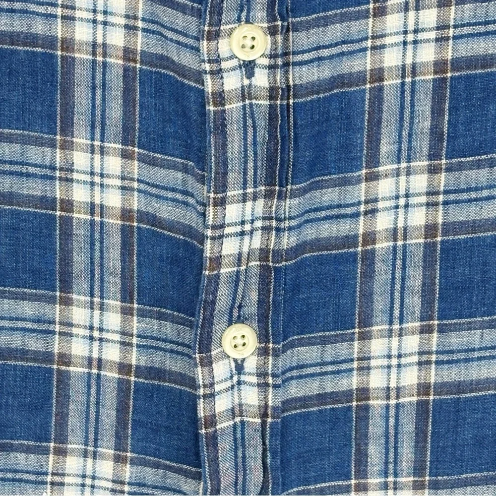 Banana Republic Blue Plaid 100% Linen Camden Standard Fit Shirt Large